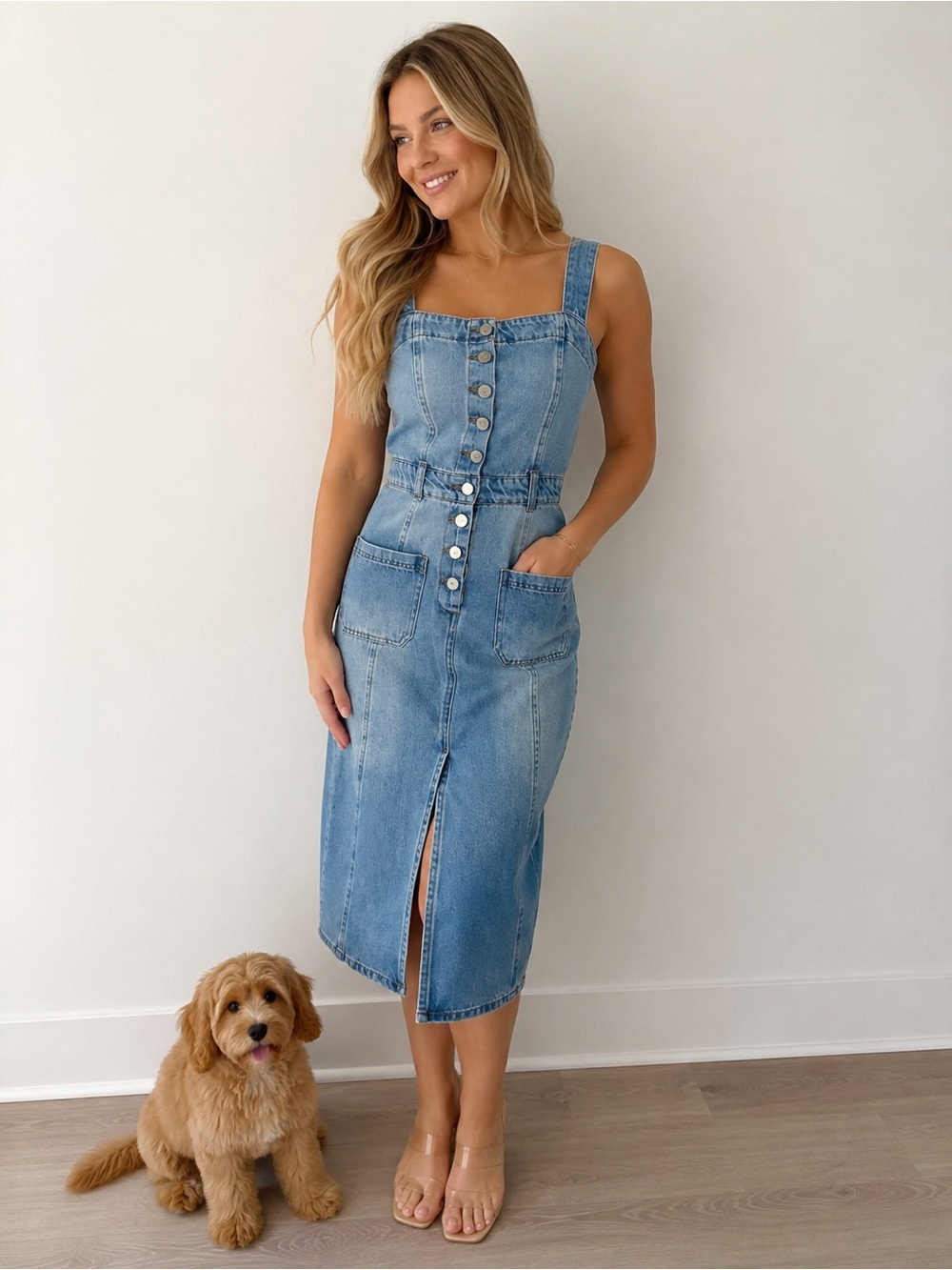 Habitual Light Wash Denim Button Front Midi Dress | Smocked Back | Pockets | XS